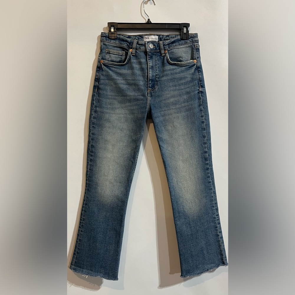 Zara High Rise Cropped Flare Jeans - Medium Blue Wash